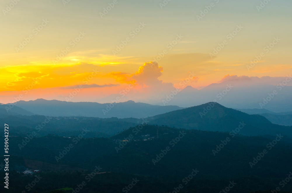 Golden sunset over the mountains of El Salvador