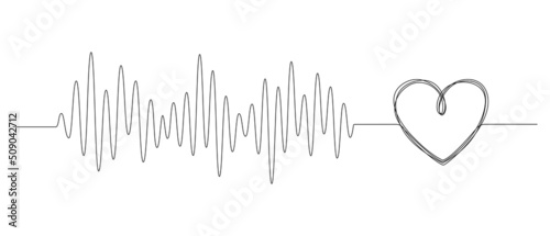 One continuous line drawing of doodle heart with pulse. Ekg wave of romantic symbol in simple linear style. Divider shape with Editable stroke. Scribble heartbeat vector illustration