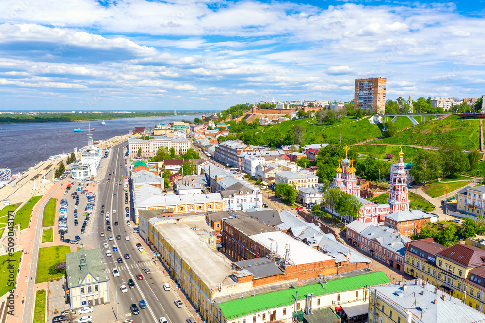 Aerial drone view of Nizhniy Novgorod city center with Volga embankment, Cathedral of the Blessed Virgin Mary Stroganoff church and Kremlin during sunny day, Russia
