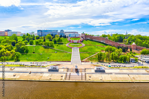 Aerial drone view of Chkalov ladder or Volzhskaya staircase in Nizhny Novgorod, which connects the Upper Volga and the Lower Volga embankment, Russia. photo