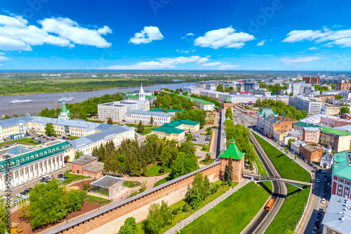 Aerial drone view of Kremlin with Volga river in Nizhny Novgorod, Russia. Summer sunny day
