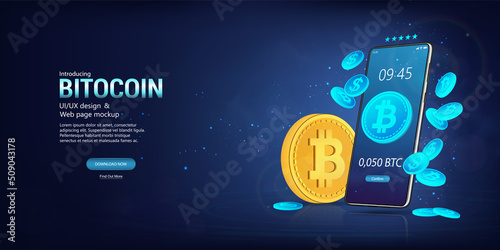 Bitcoin and other cryptocurrency on 3D mobile phone. E-wallet with bitcoins for stock market trading, payment, transaction, mining. Stock market and cryptocurrency trading platforms via smartphone.