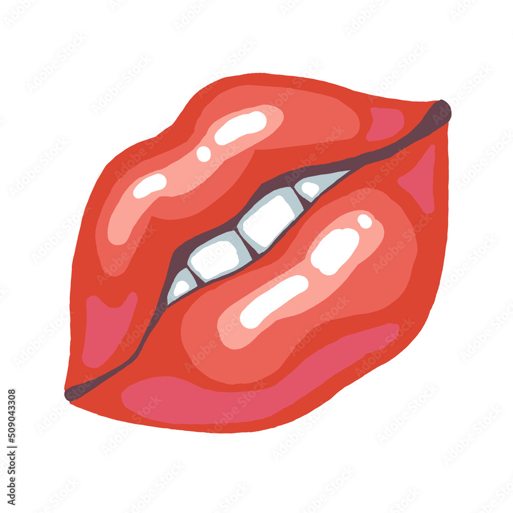 Sexy juicy woman lips with glossy lipstick. Open mouth with beautiful