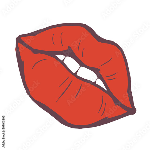 Sexy juicy woman lips with glossy lipstick. Open mouth with beautiful teeth talking, laughing, smiling, kissing. Hand drawn colourful simple flat isolated illustration. Comic cartoon style drawing.