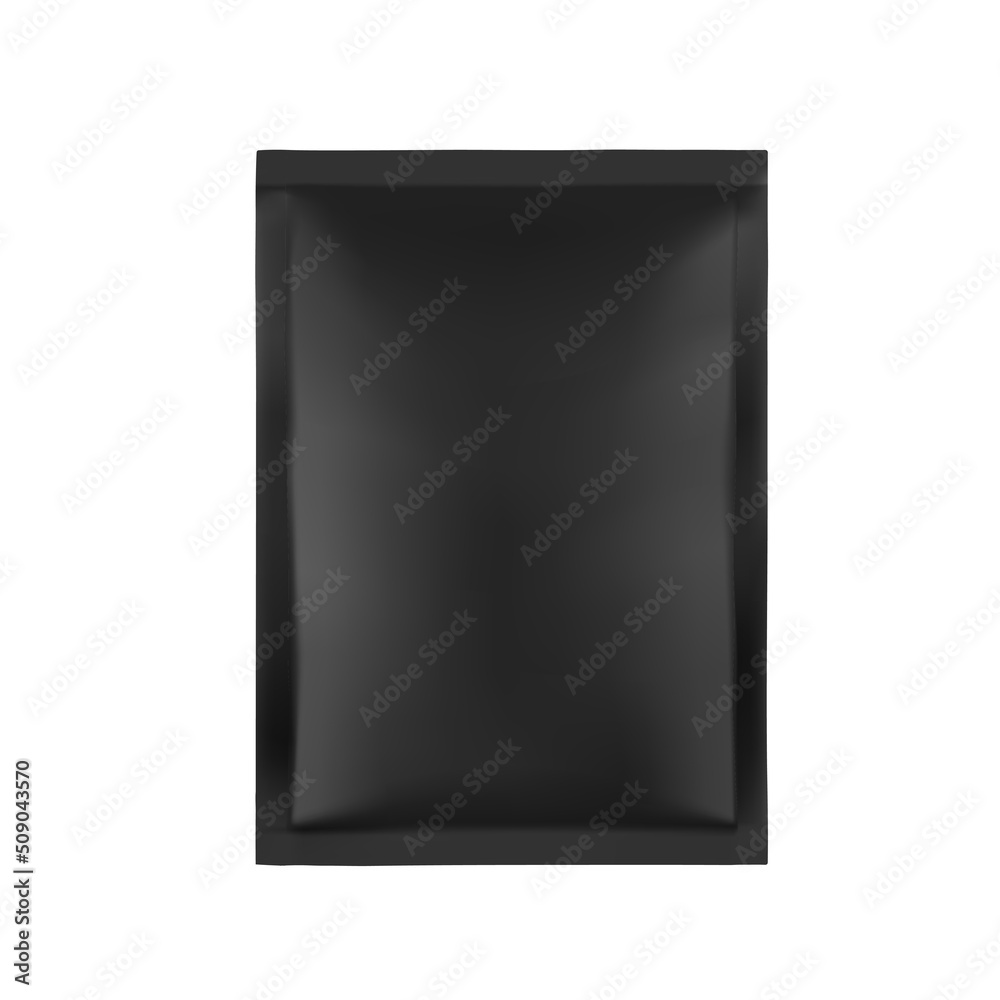 Black four side seal sachet packaging for food, cosmetic and hygiene. Vector illustration on white background. Ready for your design. EPS10. Black four side seal sachet packaging for food, cosmetic and hygiene. Vector illustration on white background. Ready for your design. EPS10.