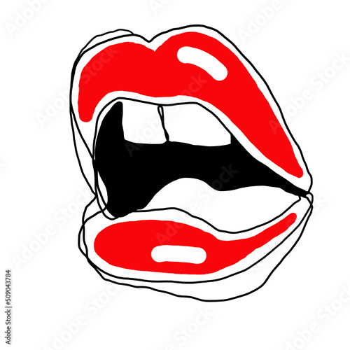 Sexy lips emotions. Beautiful woman mouth with glossy lipstick line drawn. Isolated fashion trendy illustration. Kissing lips. For cosmetic make up products or beauty salon.