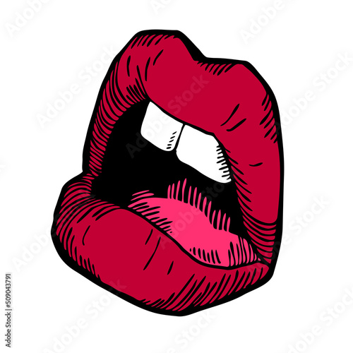 Sexy woman lips with glossy lipstick. Open mouth with beautiful teeth talking, laughing, smiling, kissing. Hand drawn colorful realistic isolated illustration. Old style drawing.