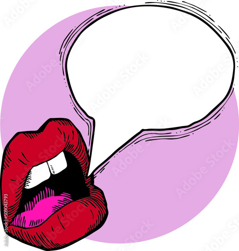 Talking open mouth with bubble cloud. Sexy woman lips telling secret or shouting loud. Speech, storytelling, news for all ears. Hand drawn retro vintage vector illustration. Old style drawing.