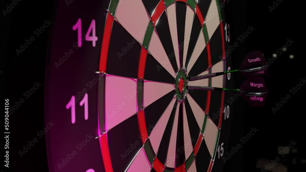 Three darts in succession hit bullseye on dart board.  The flights on the darts are labeled 