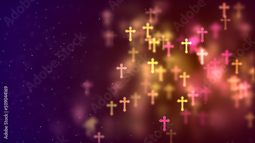 Abstract Miracle Red Yellow Colorful Blurry Focus Flying Cross Jesus Christianity Symbol Bokeh Lights On Right Side With Sparkle Dust