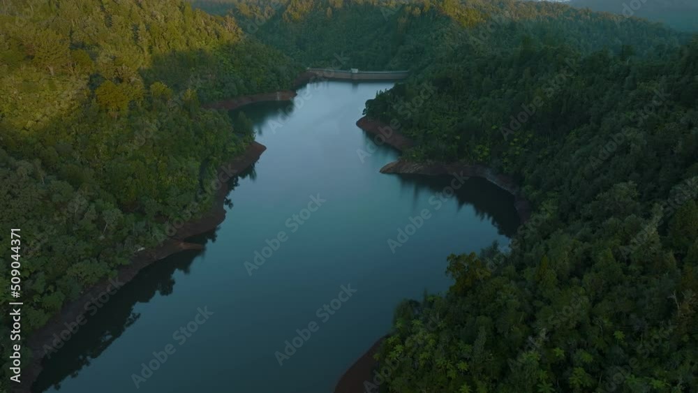 Aerial: Beautiful reservoir lake and rainforest, New Zealand Aerial: Beautiful reservoir lake and rainforest, New Zealand