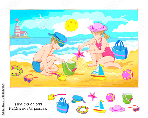 Logic puzzle game for kids. Find 10 objects hidden in the picture. Little children playing on the beach in summer. Educational page. Play online. IQ test. Task for attentiveness. Vector illustration.