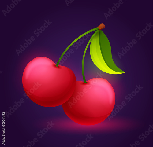Game big cherry. Red shiny berries, natural and organic products. Poster or banner for website, advertising and promotion of products, icons for online store. Cartoon flat vector illustration
