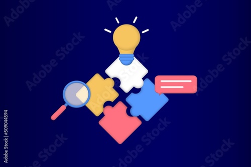 Business solution and support, problem solving and decision making, innovative ideas concept. Connecting puzzle elements, team metaphor, business approach, brainstorming. 3D web vector illustration.