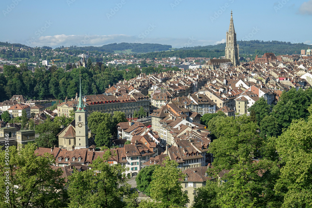 Panorama view of Berne old town from top in rose garden