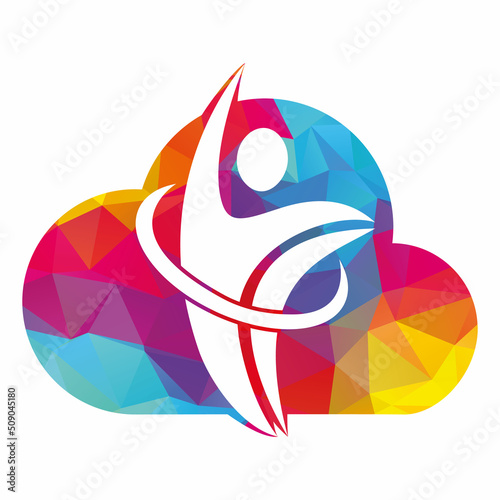 Human athlete in motion who crosses finish line and breaks through ribbon isolated logo vector.