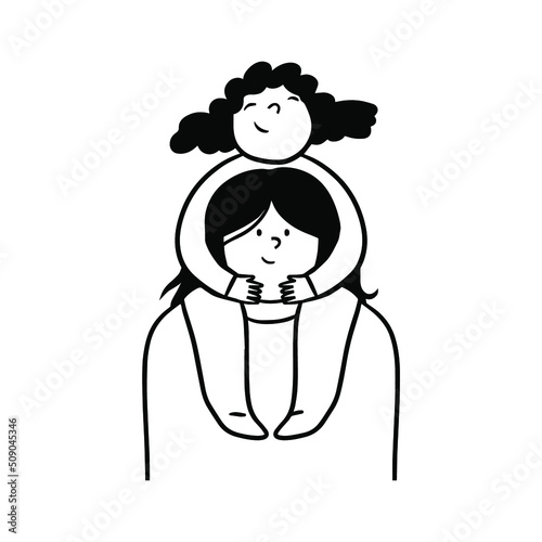 Child sits on mother's shoulders outline illustration. Family concept.