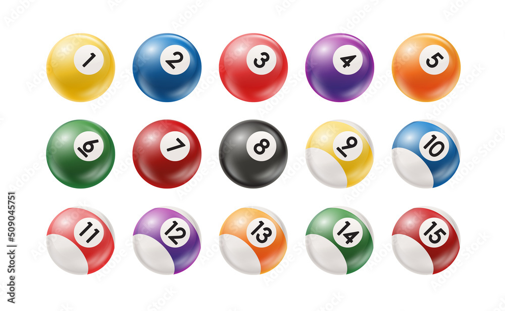 Billiard, pool balls with numbers collection. Realistic glossy snooker ball. White background. Vector illustration Billiard, pool balls with numbers collection. Realistic glossy snooker ball. White background. Vector illustration