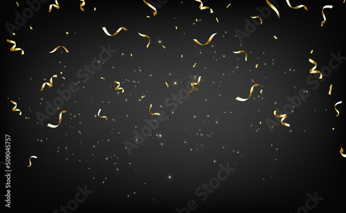 Gold falling confetti and stars isolated on black background. Golden ribbons for birthday celebration, New Year, anniversary greeting cards