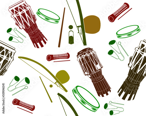 Set of musical instruments used in Brazilian sport music called Capoeira. Vector illustration seamless pattern isolated on white background. photo