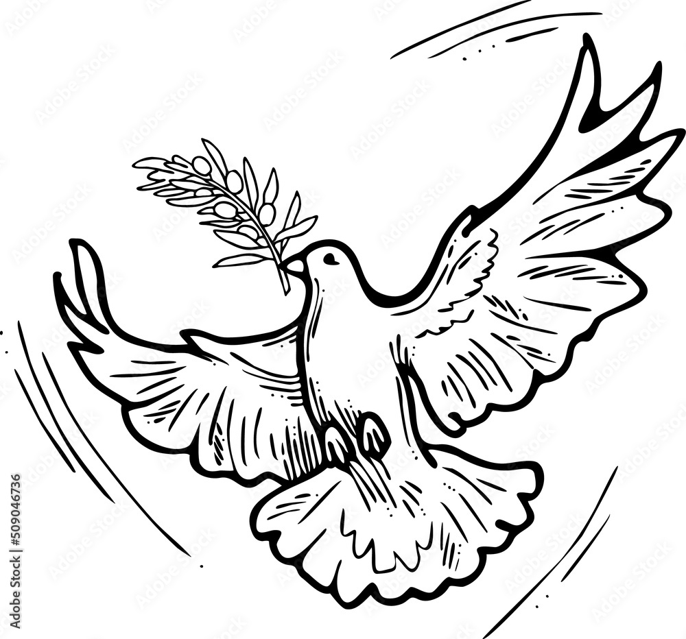Obraz premium Dove of peace flying with green olive branch. White pigeon is holly spirit, love, freedom. Bird and plant are nature elements. Hand drawn retro vintage vector illustration. Old style cartoon drawing. 