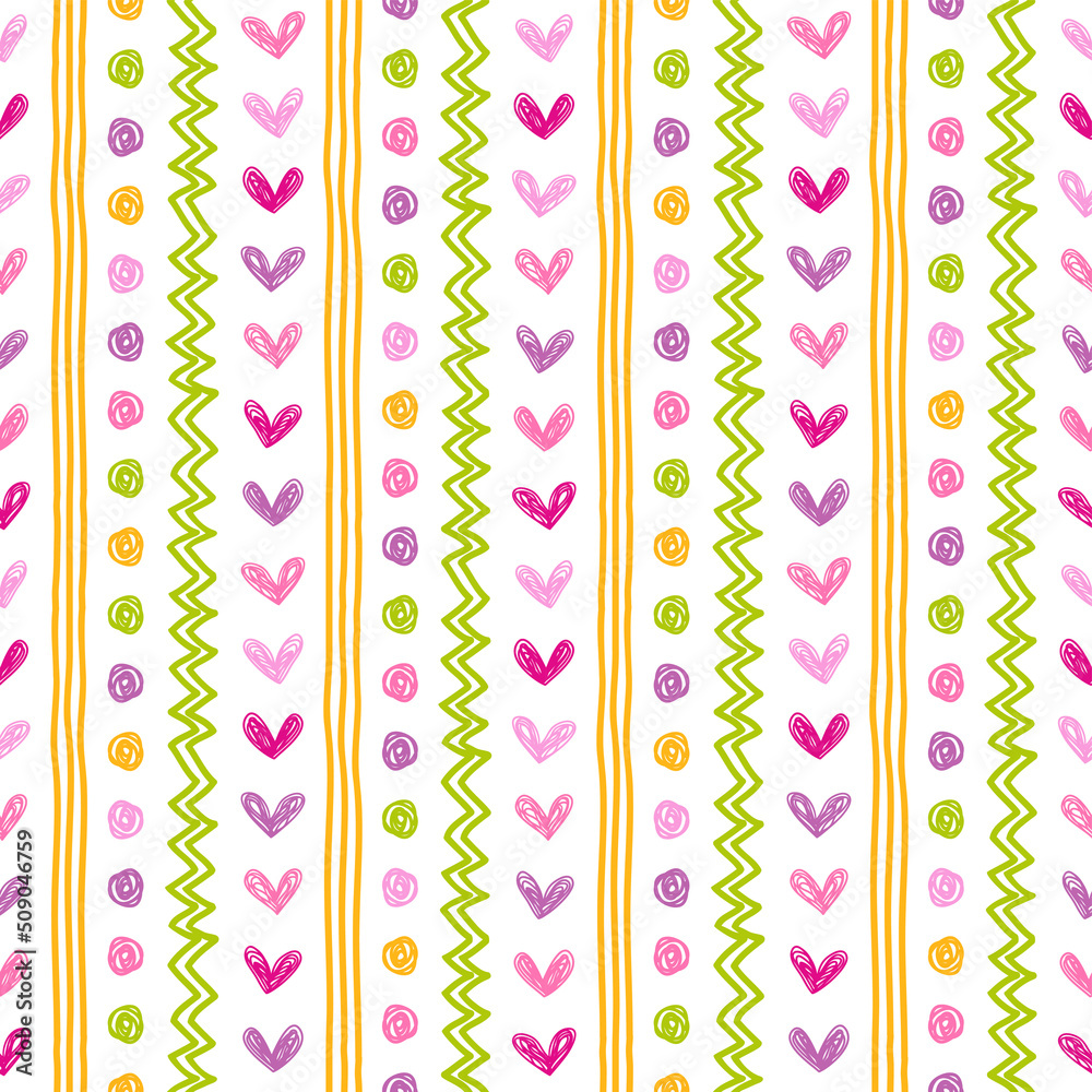 Seamless vector pattern with hand-drawn hearts, zig-zag, dots and vertical stripes.