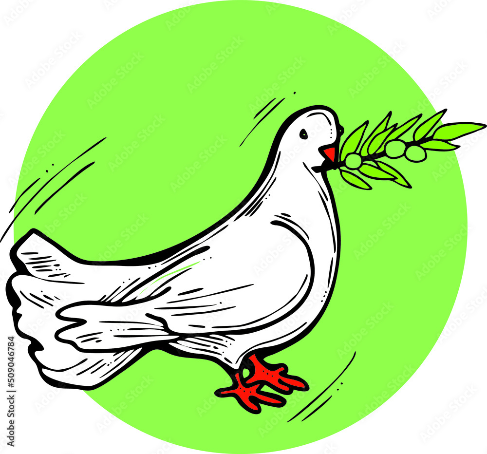 Fototapeta premium Dove of peace flying with green olive branch. White pigeon is holly spirit, love, freedom. Bird and plant are nature elements. Hand drawn retro vintage vector illustration. Old style cartoon drawing. 