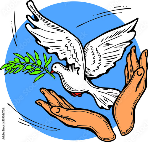 White dove of peace in our hands. Two palms care for peaceful world. Lives matter. Anti war symbol. Sign of love, hope, freedom. Hand drawn retro vintage vector illustration. Old style cartoon drawing