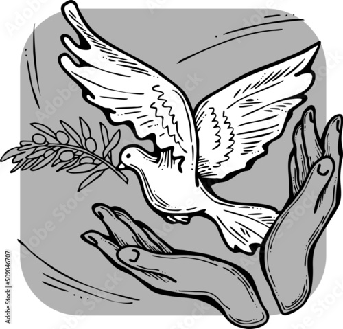 White dove of peace in our hands. Two palms care for peaceful world. Lives matter. Anti war symbol. Sign of love, hope, freedom. Hand drawn retro vintage vector illustration. Old style cartoon drawing