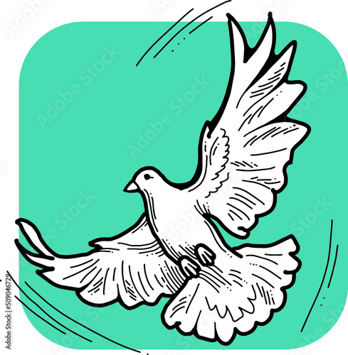 White dove is symbol of peace  hope  love in the world. Flying pigeon like holy spirit brings freedom  joy  grace. Hand drawn retro vintage vector illustration. Old style comics cartoon line drawing.