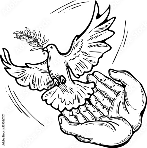 White dove of peace in our hands. Two palms care for peaceful world. Lives matter. Anti war symbol. Sign of love, hope, freedom. Hand drawn retro vintage vector illustration. Old style cartoon drawing
