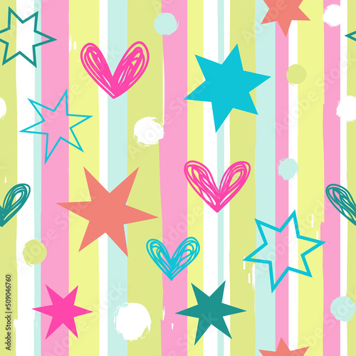 Abstract vector background with stripes, hearts and stars. The seamless pattern in a cute color palette.