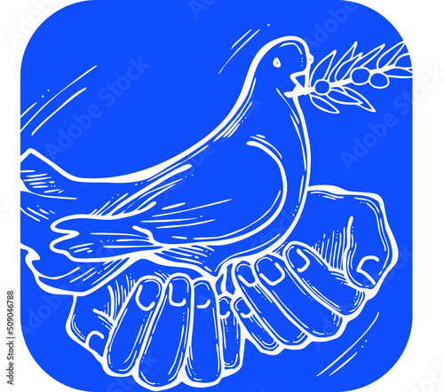 White dove of peace in our hands. Two palms care for peaceful world. Lives matter. Anti war symbol. Sign of love, hope, freedom. Hand drawn retro vintage vector illustration. Old style cartoon drawing