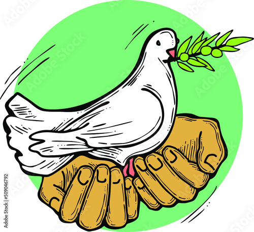 White dove of peace in our hands. Two palms care for peaceful world. Lives matter. Anti war symbol. Sign of love, hope, freedom. Hand drawn retro vintage vector illustration. Old style cartoon drawing