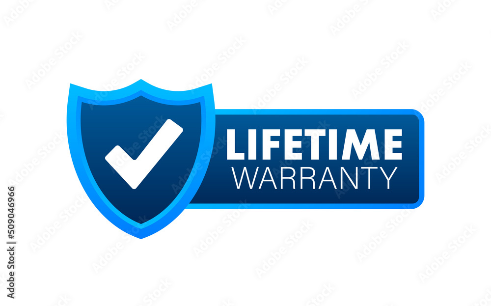 Flat banner with red lifetime warranty. Flat vector illustration character Flat banner with red lifetime warranty. Flat vector illustration character