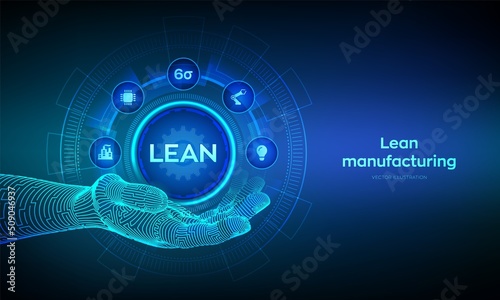 Lean. Six sigma smart industry, quality control, standardization. Lean manufacturing DMAIC. Business and industrial process optimisation concept in robotic hand. Vector illustration.