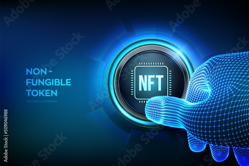 NFT. Non-fungible token digital crypto art blockchain technology concept. Investment in cryptographic. Closeup finger about to press a button. Vector illustration.