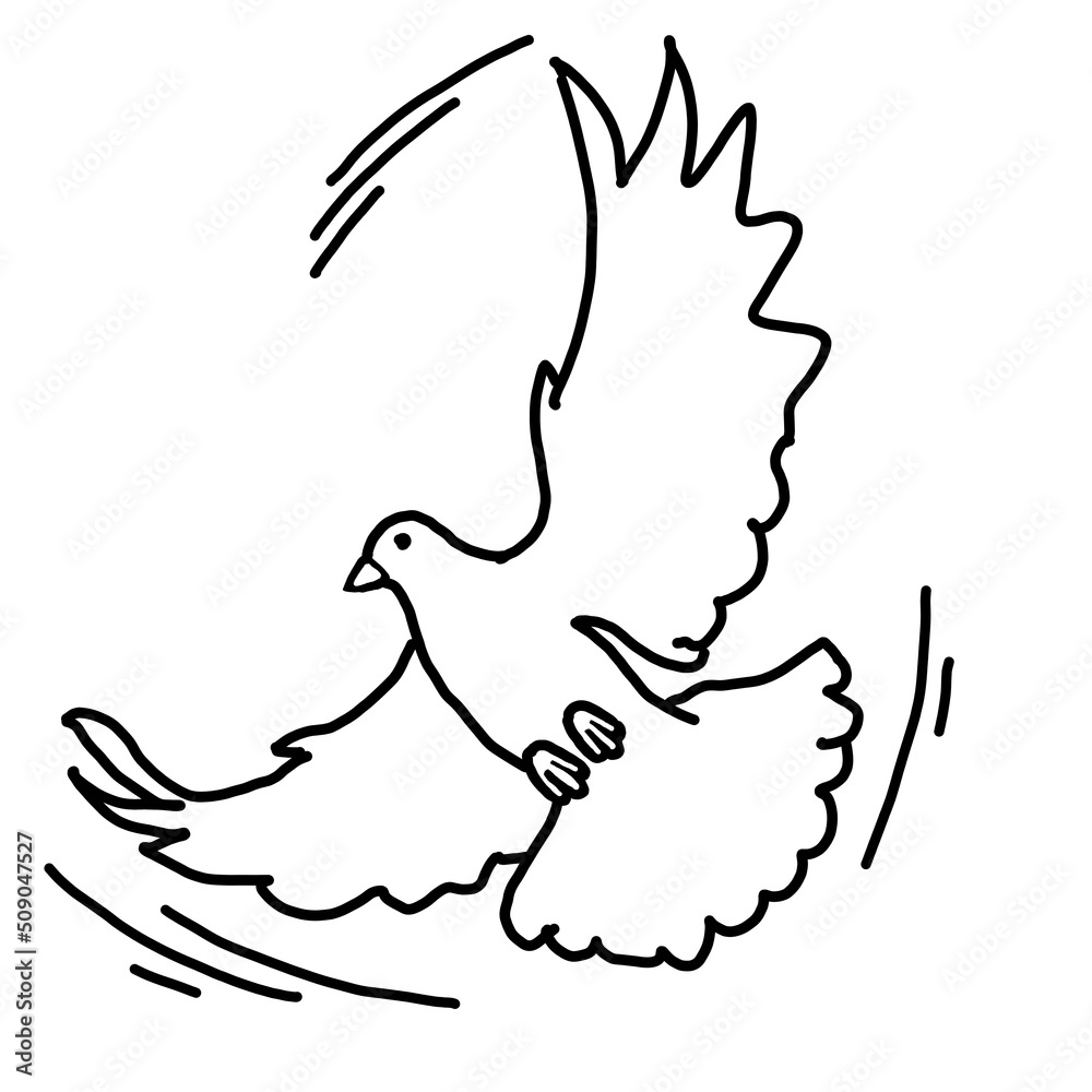 White dove is symbol of peace, hope, love in the world. Flying pigeon like holy spirit brings freedom, joy, grace. Hand drawn retro vintage illustration. Old style comics cartoon line drawing.
