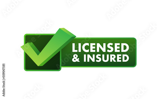 licensed and insured vector icon with tick mark. Green in color vector icon