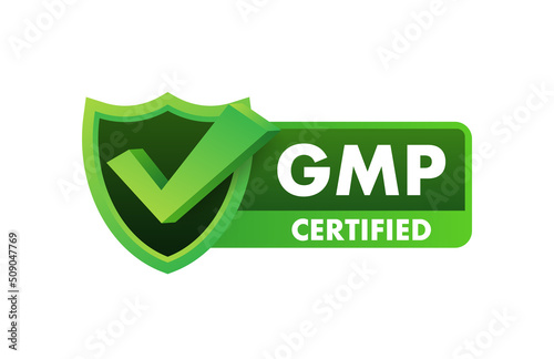 GMP Good Manufacturing Practice certified round stamp. Vector background. Vector logo.