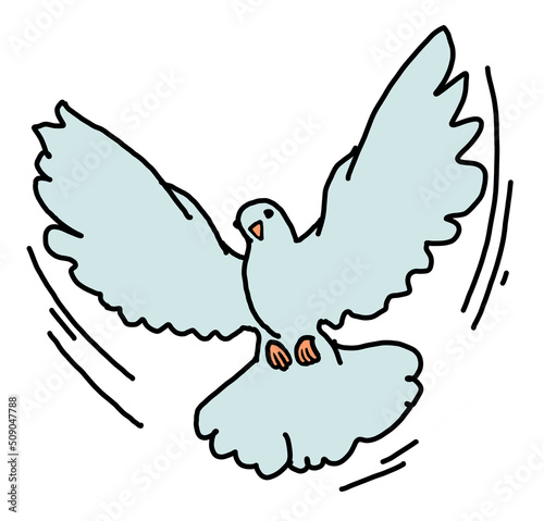 White dove is symbol of peace, hope, love in the world. Flying pigeon like holy spirit brings freedom, joy, grace. Hand drawn retro vintage illustration. Old style comics cartoon line drawing.