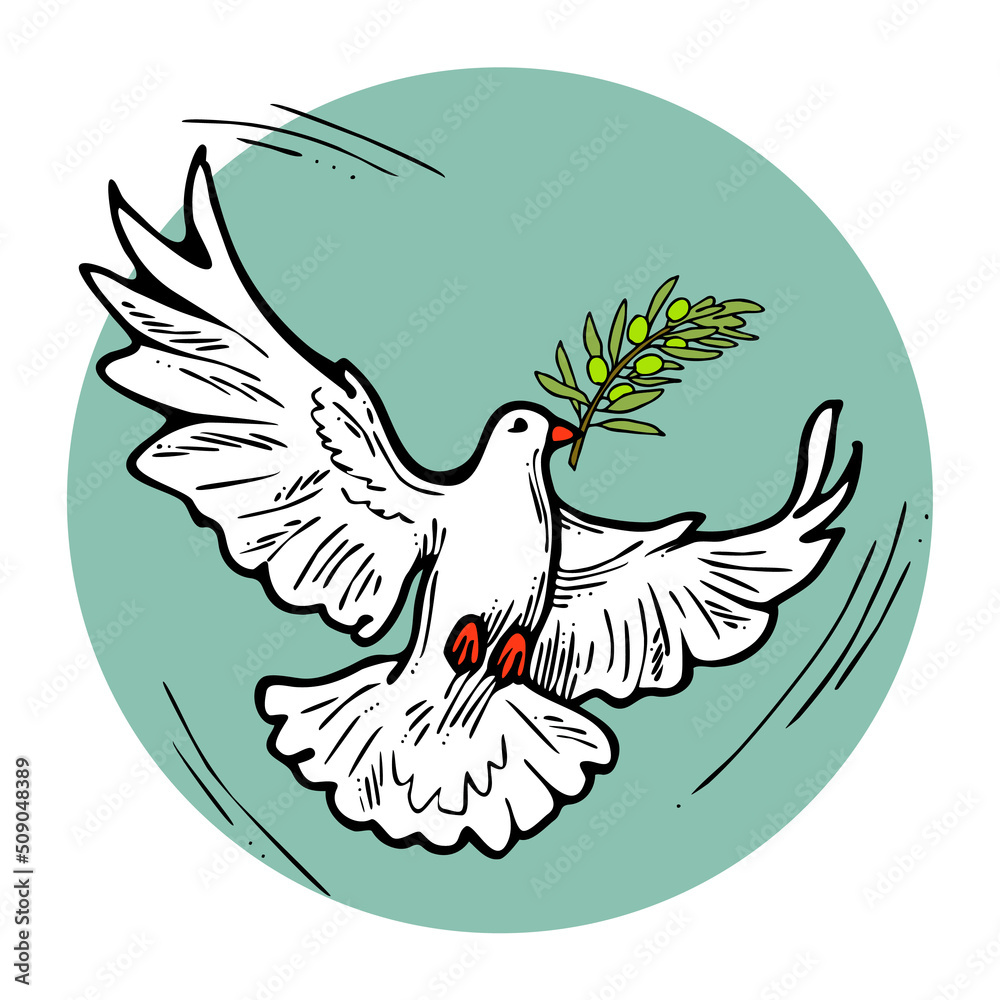 Obraz premium Dove of peace flying with green olive branch. White pigeon is holly spirit, love, freedom. Bird and plant are nature elements. Hand drawn retro vintage illustration. Old style comic cartoon drawing. 