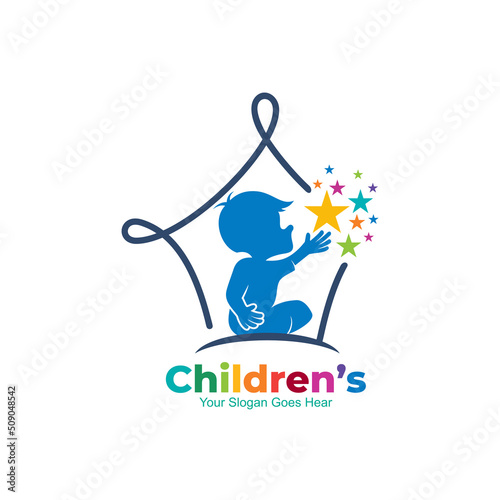 Children logo with education design template, kids and house