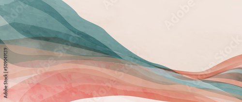 Abstract vector background with waves or hills in blue and pink tones in a watercolor style. Ink fluid art banner for decoration design, print, interior design, poster, packaging