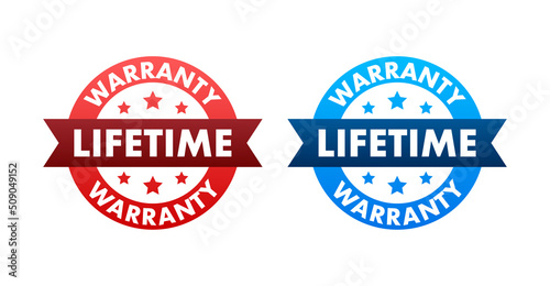 Flat banner with red lifetime warranty. Flat vector illustration character