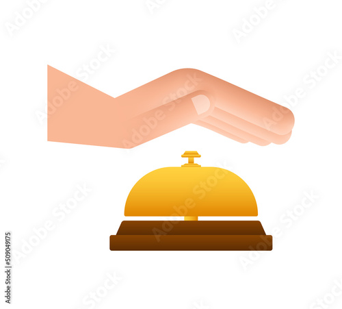 Realistic gold icon of reception bell on white backdrop. Customer help