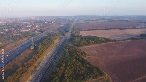 Aerial drone footage of traffic on a motorway in England.
A2 highway in Kent, UK.