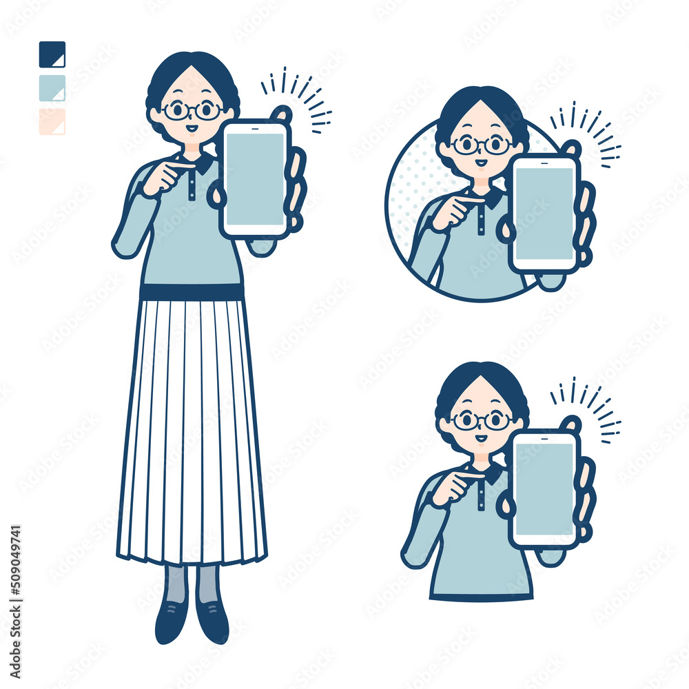 眼鏡をかけた女性がスマートフォンを差し出しているイラスト 眼鏡をかけた女性がスマートフォンを差し出しているイラスト