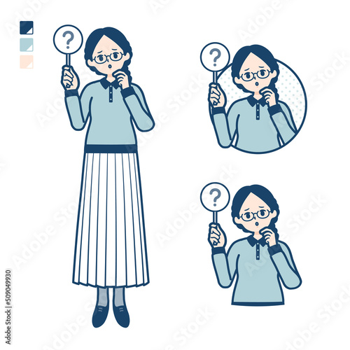 眼鏡をかけた女性がクエスチョン印パネルを出すイラスト