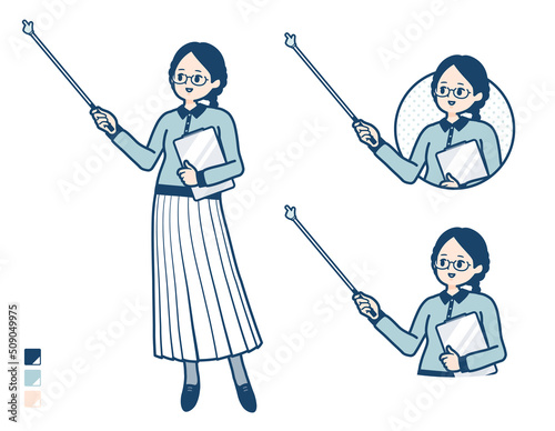 眼鏡をかけた女性が指示棒で解説しているイラスト